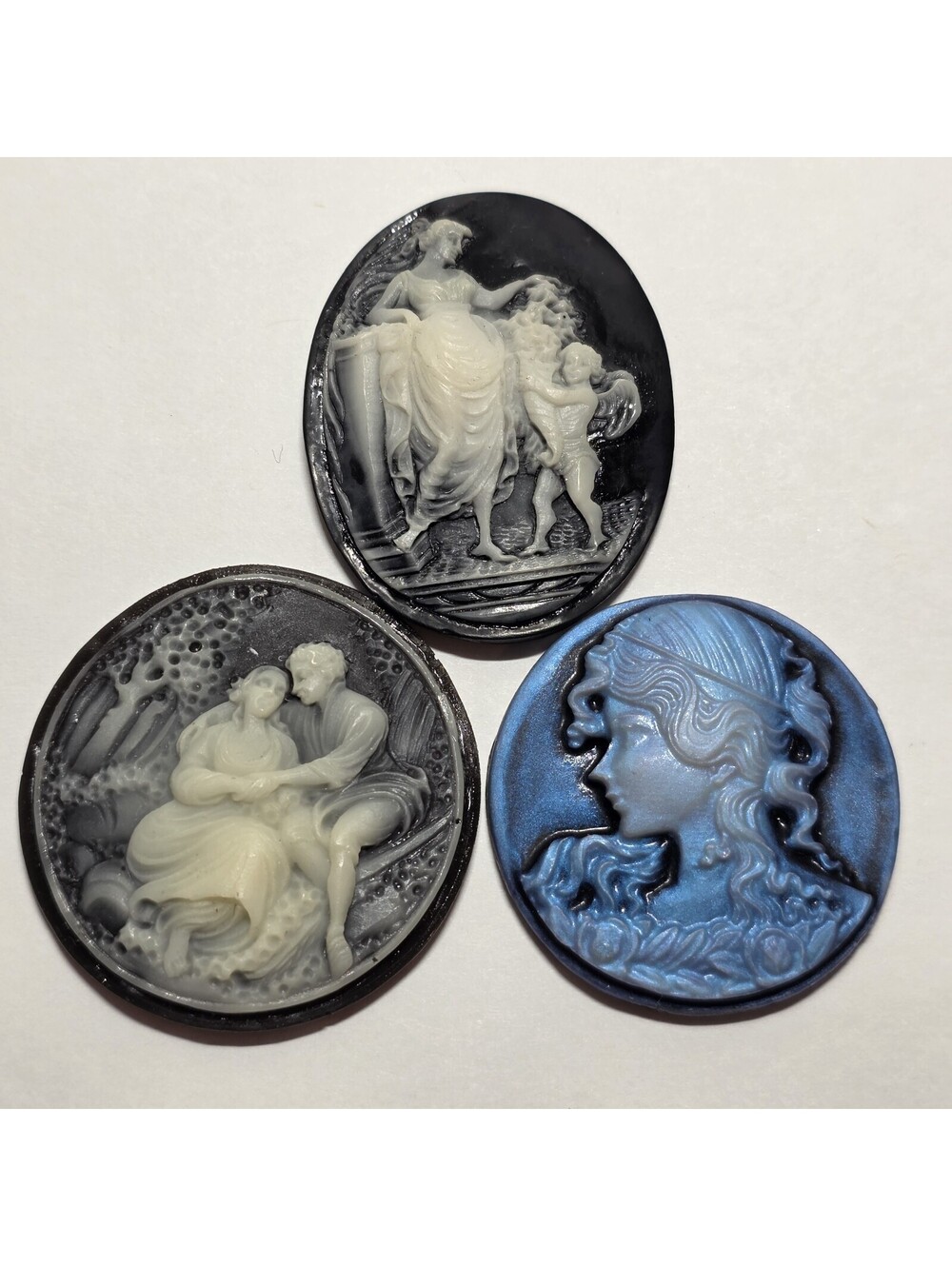 Lot of 3 Victorian Style Cameo Cabochons Mixed Resin Blue Black Ivory EUC